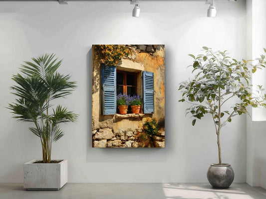 a wall with a framed photograph of a window with blue shutters and flower pots, surrounded by potted plants.