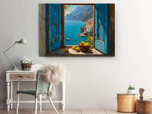 a serene coastal scene with a view of the sea through a window with blue shutters. The window is adorned with a basket of lemons and a plant, adding a touch of color and life to the scene. The painting is hung on the wall, creating a focal point in the room. The room also includes a desk with a lamp, a chair, and a few books, creating a cozy and inviting atmosphere.