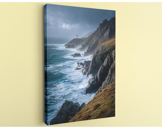 a dramatic coastal scene with a lighthouse standing on a rocky cliff overlooking the crashing waves of the ocean.