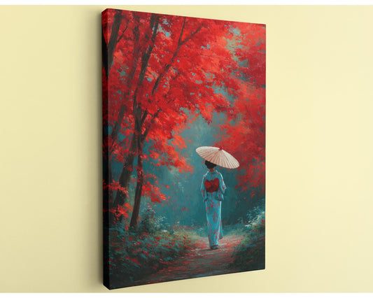 A woman in a blue kimono walks along a path through a forest of red trees, holding a white parasol.