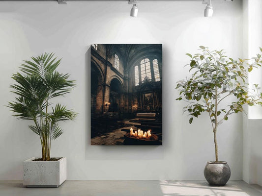a serene and peaceful indoor setting, featuring a large potted plant on the left side and a framed photograph of a church interior on the right side. The photograph captures the architectural details and natural light filtering through the windows, creating a warm and inviting atmosphere.