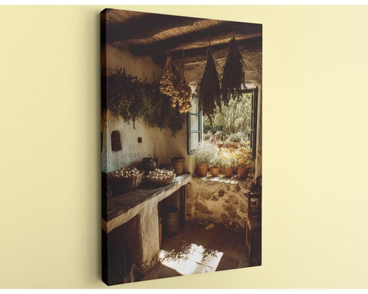 a rustic kitchen with a window, hanging baskets of herbs, and a counter with baskets of produce.