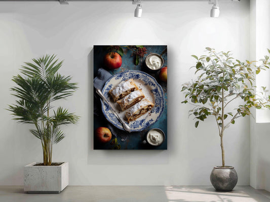a framed photograph of a plate of food, including a pastry and an apple, displayed on a wall.