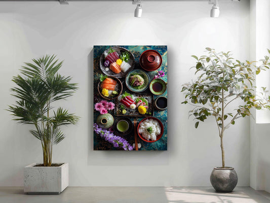 a vibrant display of various Asian dishes, including sushi, rice, and vegetables, arranged in an artistic manner on a wall.