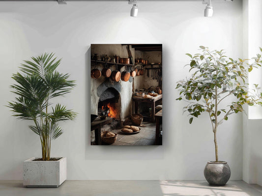 a rustic kitchen with a fireplace, pots and pans hanging above it, and a table with a plant on the windowsill.