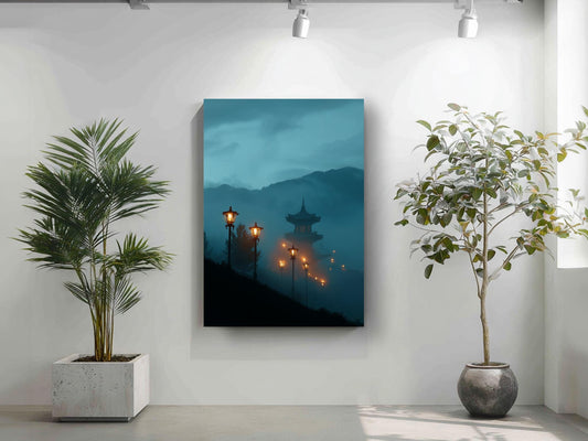 a serene indoor setting with a large potted plant on the left side and a framed picture of a temple with a misty background on the right side. The potted plant has a tall, slender stem and lush green leaves, while the framed picture showcases a temple with a pagoda-like structure and a misty, atmospheric background.