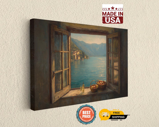 The image is a painting of a window overlooking a scenic view of a lake and mountains.