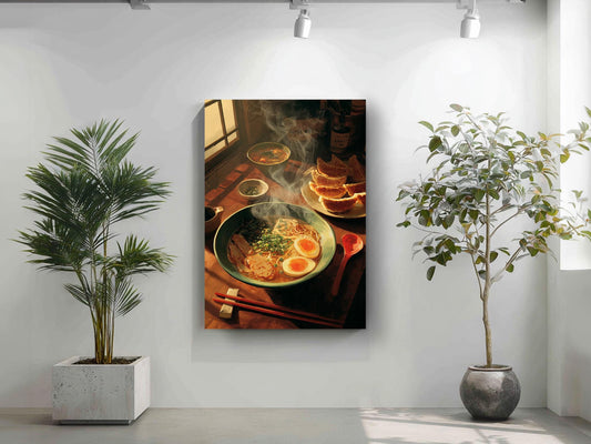 a cozy dining scene with a bowl of steaming ramen noodles, a plate of toast, and a bowl of soup, all set on a wooden table. The room is decorated with potted plants and a large window, creating a warm and inviting atmosphere.