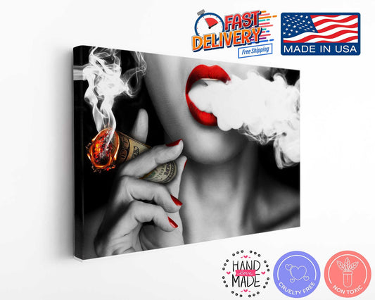 Canvas Wall Art - Sexy Lady Smoking Money Motivational Print with Red Lips