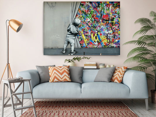 Banksy Canvas Print – Kid Peeking Graffiti Art on Museum Quality Canvas