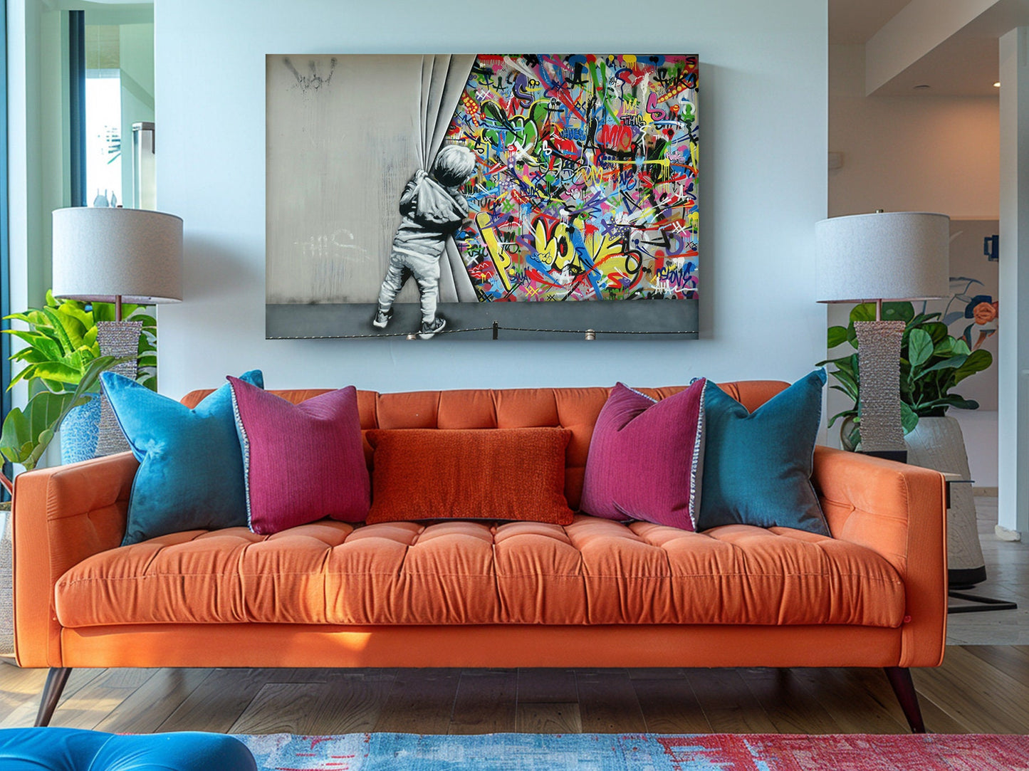 Banksy Canvas Print – Kid Peeking Graffiti Art on Museum Quality Canvas