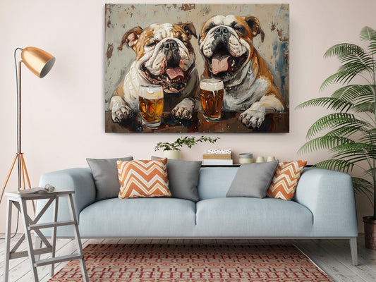 Bulldog Canvas Print - Beer Drinking Dogs Wall Art | Ready to Hang Canvas Decor