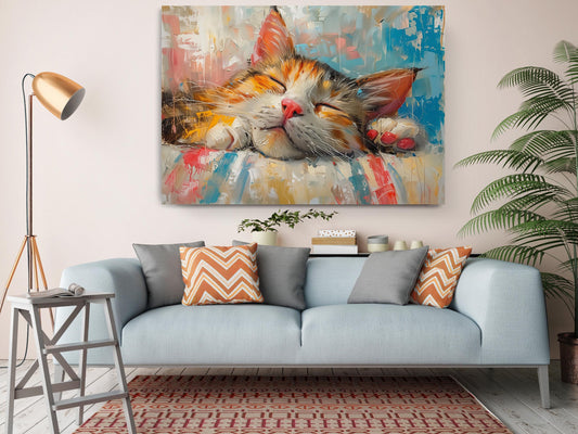 Cat Wall Art - Colorful Oil Painting Print | Rolled or Framed Canvas