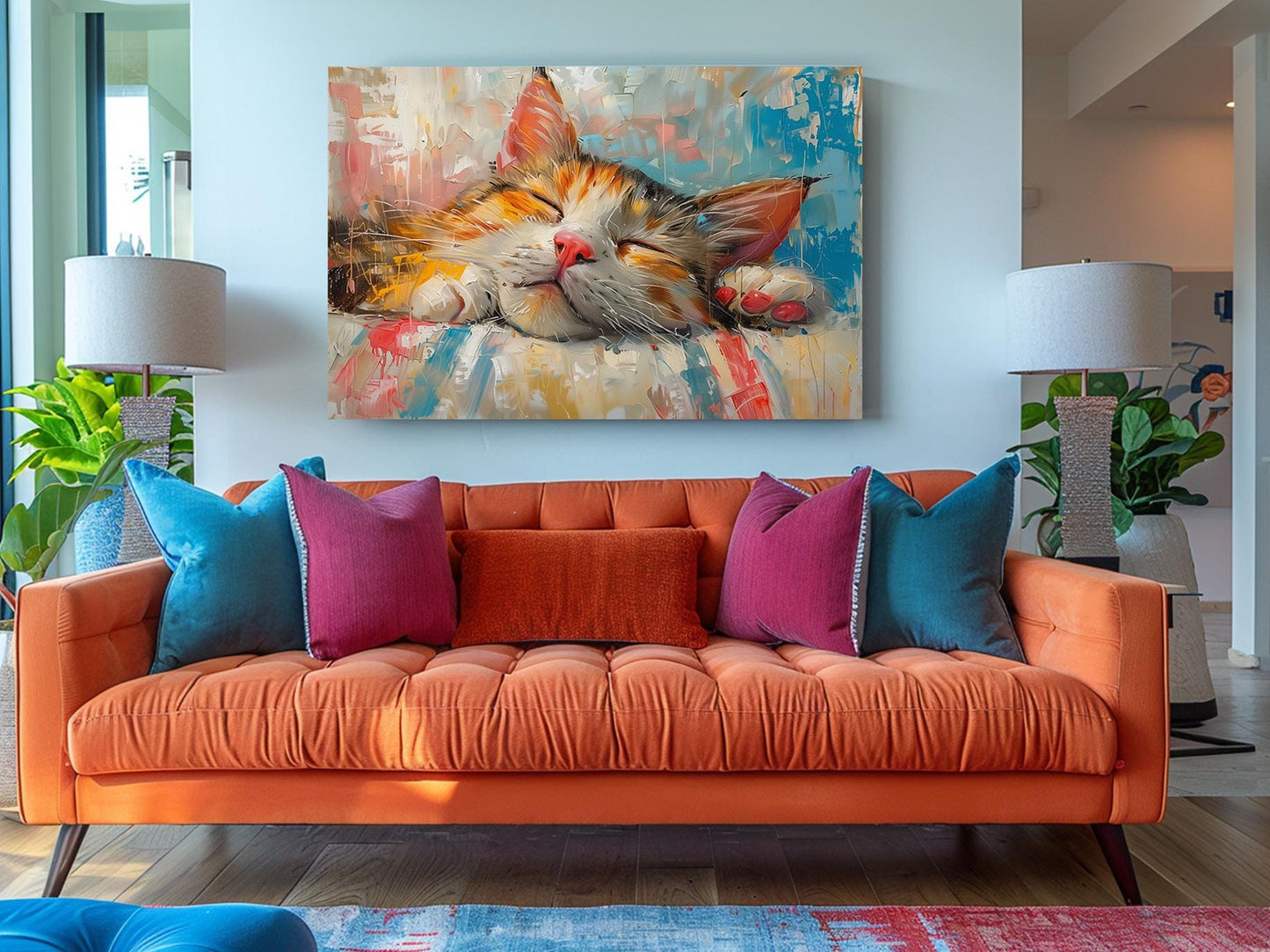 Cat Wall Art - Colorful Oil Painting Print | Rolled or Framed Canvas
