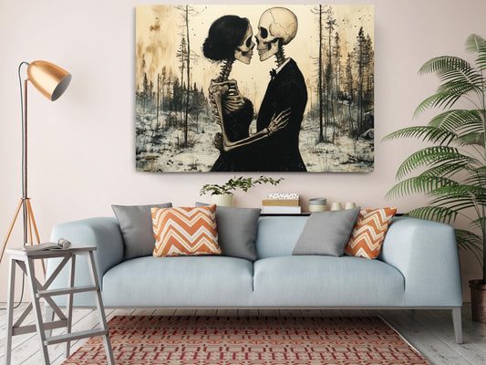 Gothic Romance Wall Art – Skeleton Couple Canvas Print | Museum Quality Decor