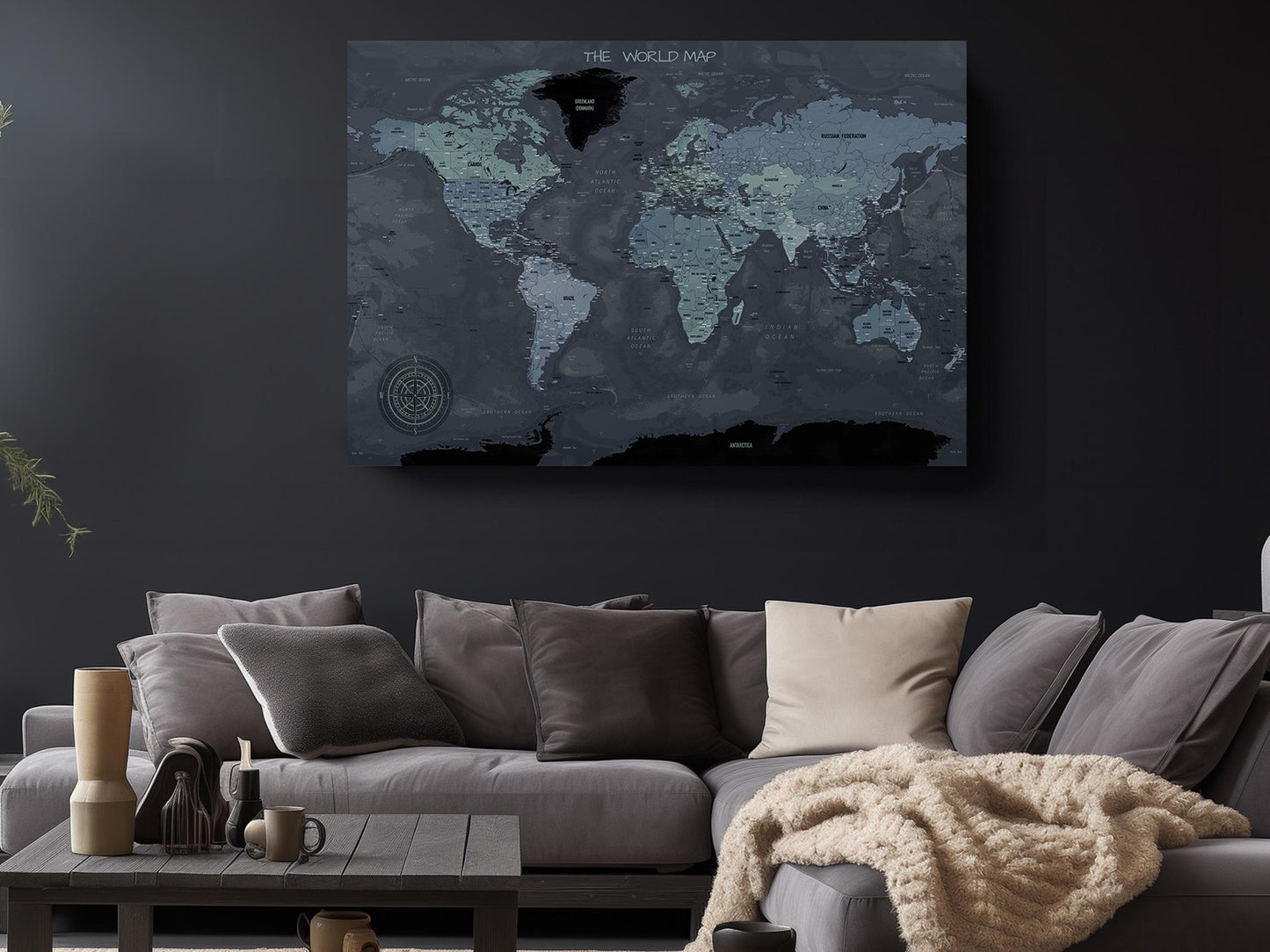 Modern World Map Canvas | Dark Themed Wall Art - Rolled or Ready to Hang