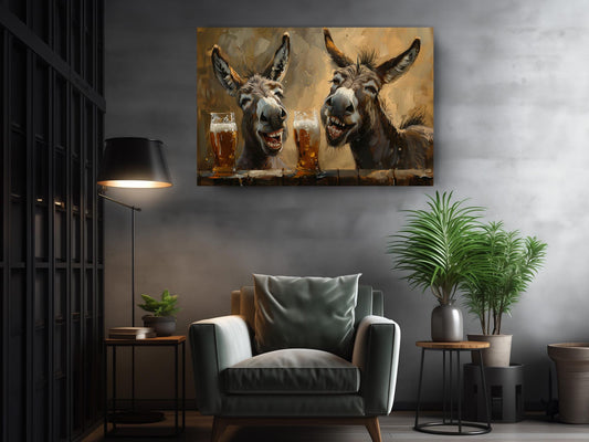 Funny Donkeys Canvas - Humorous Beer Drinking Donkeys Wall Art Print