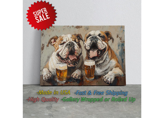 Bulldog Canvas Print - Beer Drinking Dogs Wall Art | Ready to Hang Canvas Decor