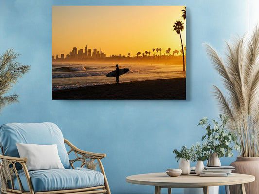 California Sunset Canvas Print – Surfer Silhouette Coastal Wall Art, Ready to Hang