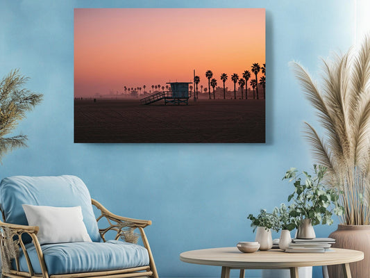 Lifeguard Tower Canvas Print – Sunset Coastal Wall Art with Wood Frame