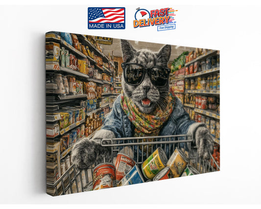 Cat Canvas Art - Funny Grocery Shopper Print | Colorful Kitchen Wall Decor