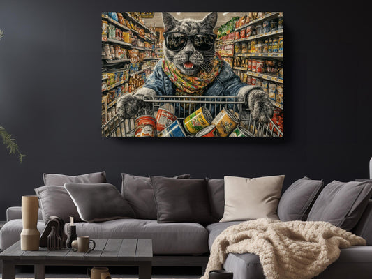 Cat Canvas Art - Funny Grocery Shopper Print | Colorful Kitchen Wall Decor
