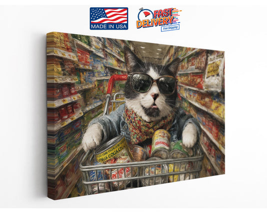 Funny Cat Canvas Art - Colorful Supermarket Cat Painting on Artist-Grade Canvas