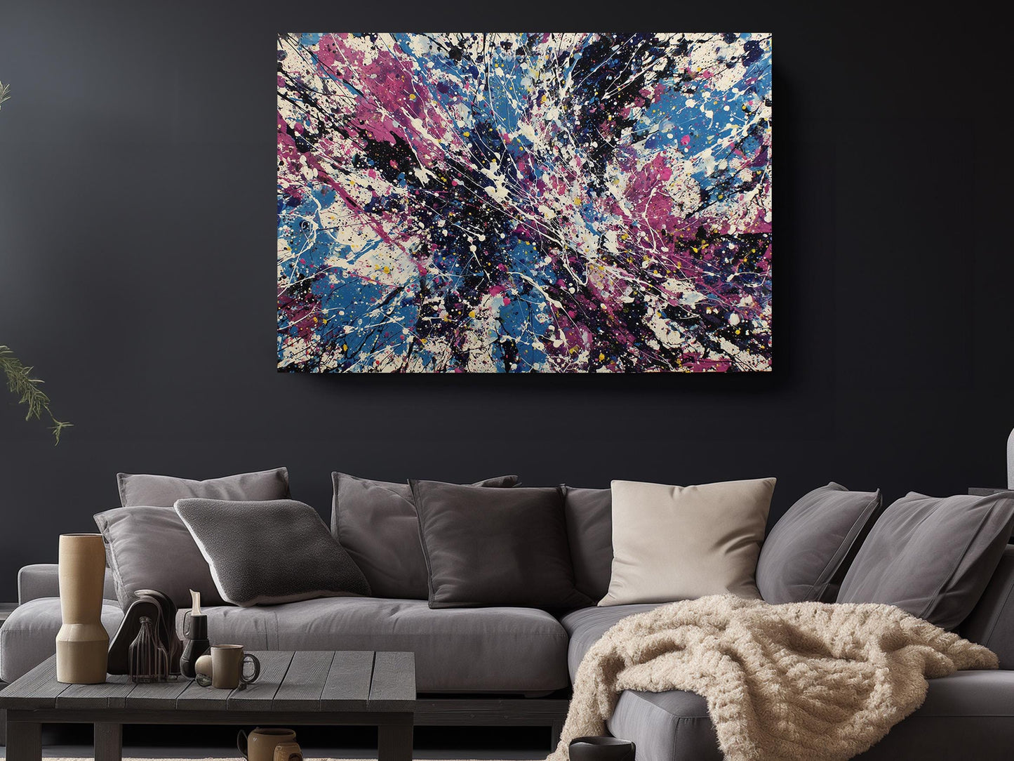 Abstract Canvas Wall Art – Cosmic Pollock Style Splatter Painting, Framed Print