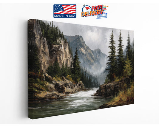 Rocky Mountain Canvas Art - Dramatic Cliff & Forest Landscape Wall Decor Print
