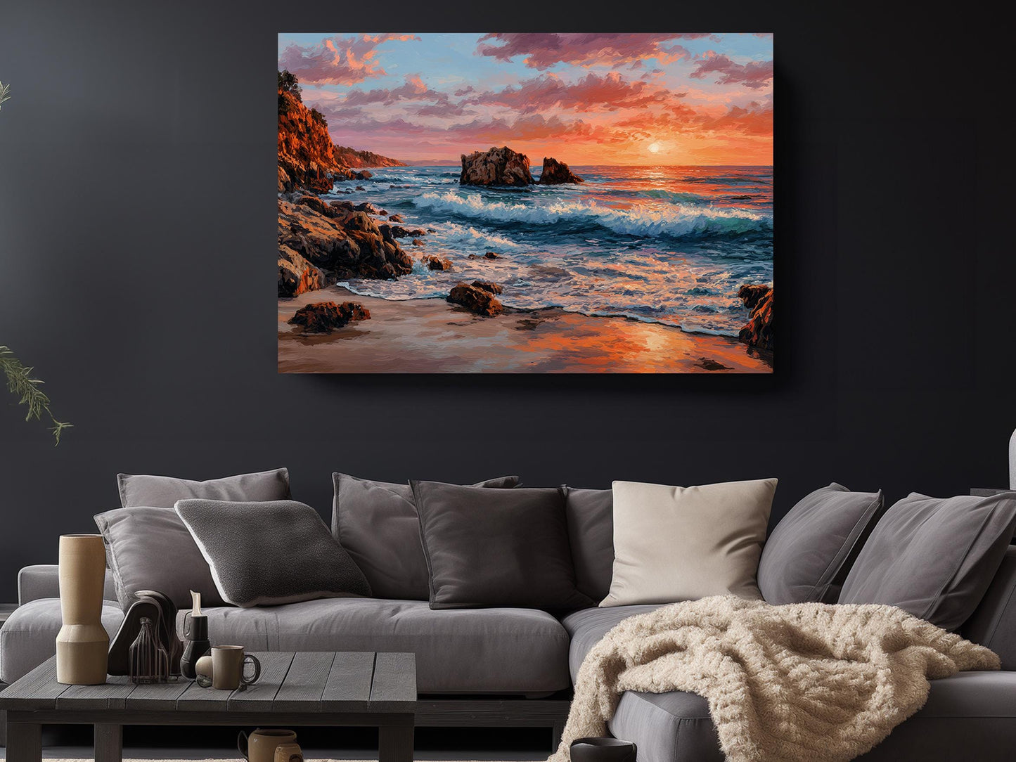 Coastal Canvas Wall Art – Sunset Ocean Waves Rocky Shore Framed or Rolled Print
