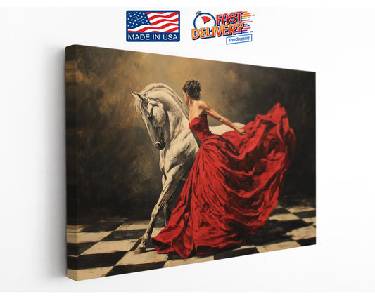 Canvas Art Print – Elegant Lady and White Horse in Red Dress | Museum Quality