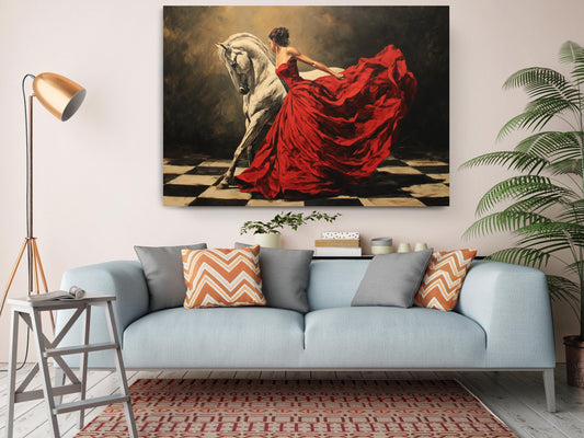 Canvas Art Print – Elegant Lady and White Horse in Red Dress | Museum Quality