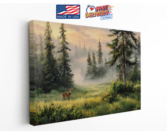 Forest Deer Canvas | Misty Landscape Nature Wall Art - Ready to Hang Print
