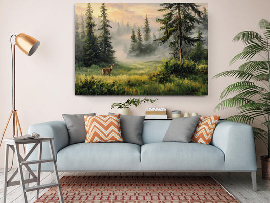 Forest Deer Canvas | Misty Landscape Nature Wall Art - Ready to Hang Print