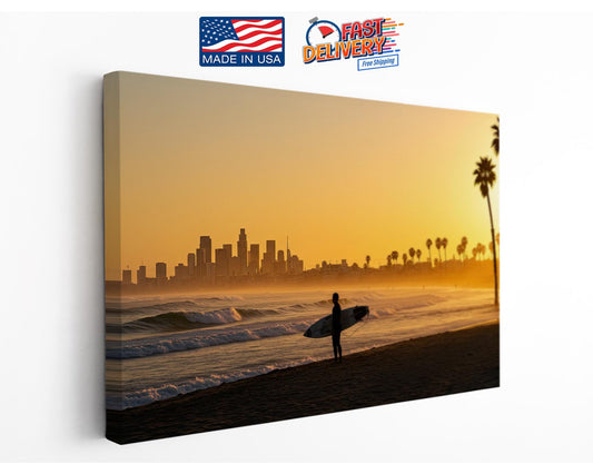 California Sunset Canvas Print – Surfer Silhouette Coastal Wall Art, Ready to Hang