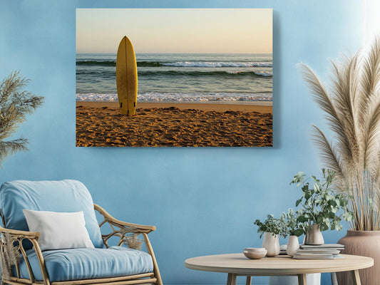 Surfboard Beach Canvas | Coastal Wall Art - Golden Sand Print on Wood Frame