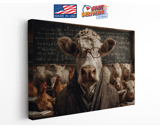 Funny Farm Animal Print - Wise Cow Professor Canvas Wall Art | Elite Canvas Art