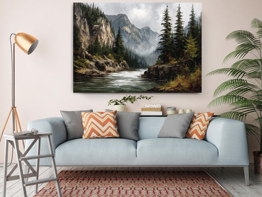 Rocky Mountain Canvas Art - Dramatic Cliff & Forest Landscape Wall Decor Print
