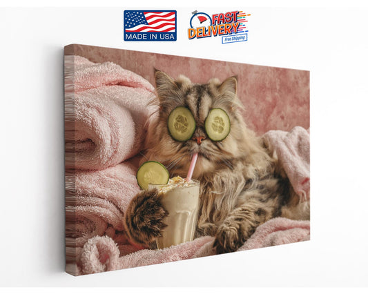 Funny Spa Cat Art - Humorous Animal Canvas Print | Framed or Rolled Wall Decor