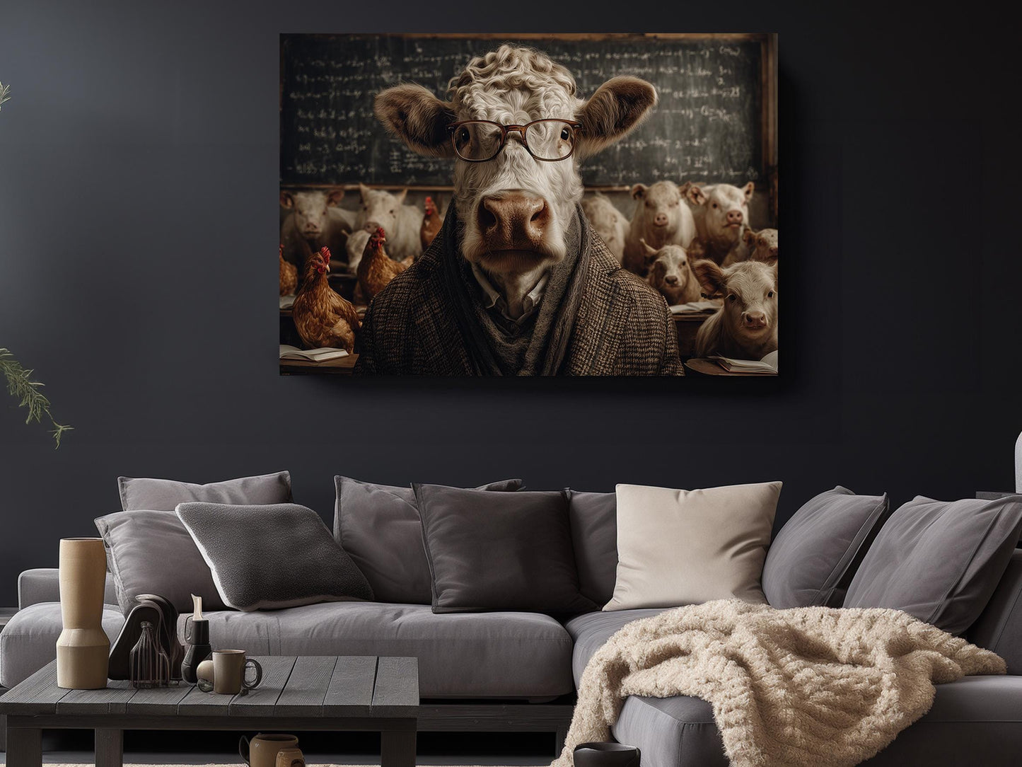 Funny Farm Animal Print - Wise Cow Professor Canvas Wall Art | Elite Canvas Art