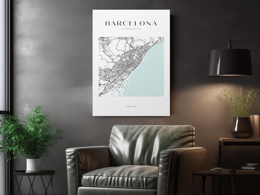 Barcelona Map Canvas | Modern City Map Art - Minimalist Spain Wall Decor