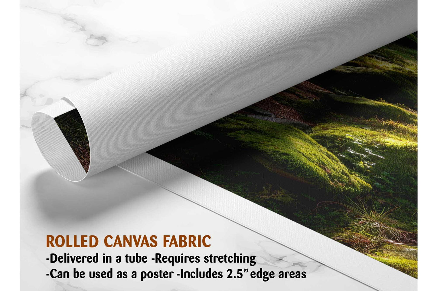 The image is a rolled canvas fabric, which is a type of canvas material used for painting or printing. It is described as a tube-delivered fabric, which means it is delivered in a tube and requires stretching before use. The fabric can be used as a poster, with a 2.5&quot; edge area.