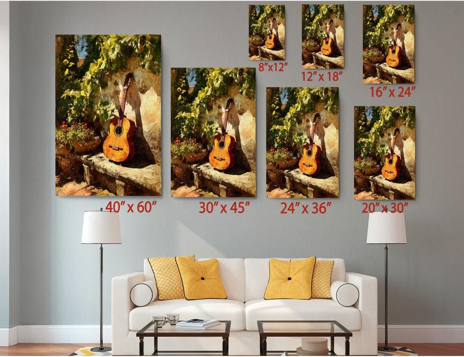 The image is a living room with a white couch and a coffee table. Above the couch, there are seven identical paintings of guitars hanging on the wall, each at a different size. The paintings are arranged in a grid-like pattern, with each one being a different size, ranging from 6 x 12 to 20 x 30. The wall behind the couch has a gray color, and there are two lamps on either side of the couch.