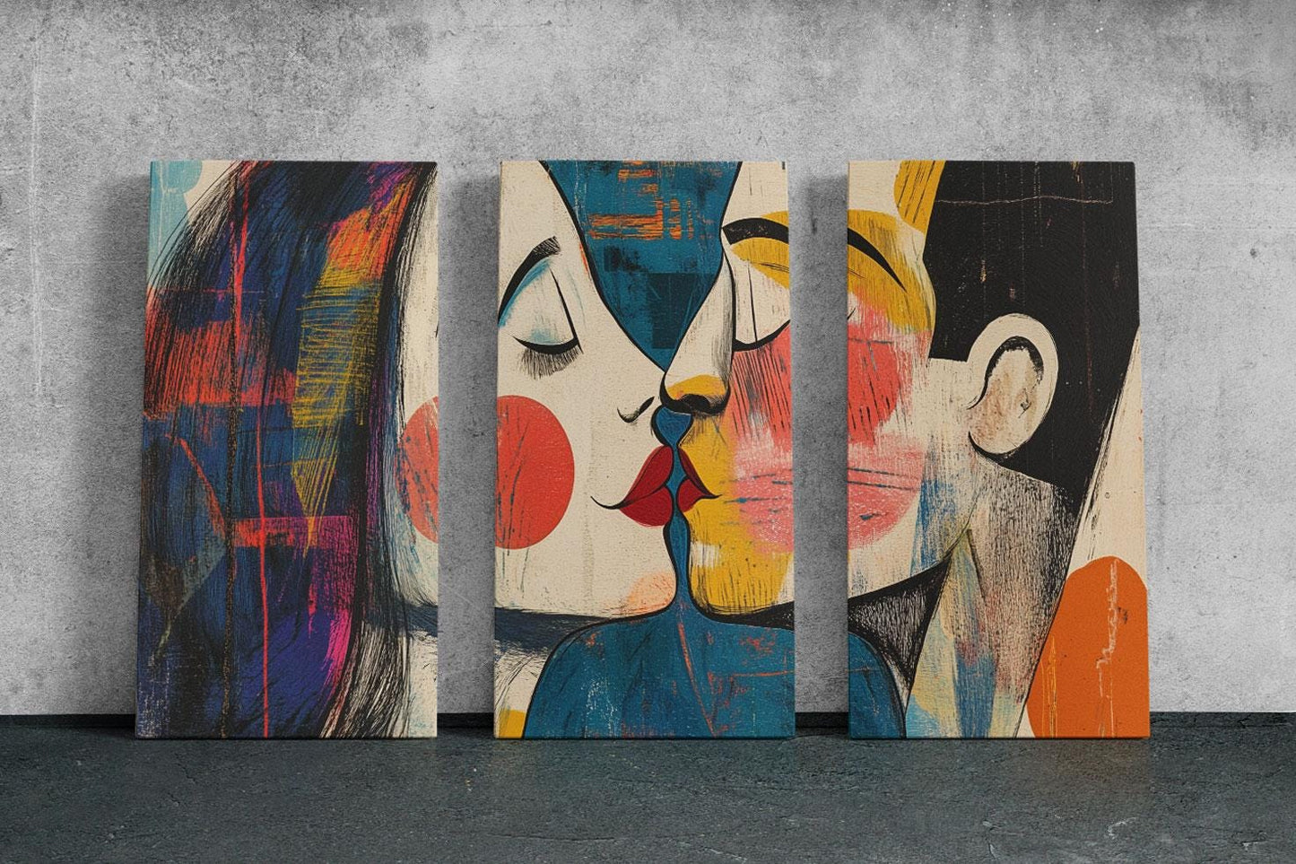 a group of three paintings on a wall