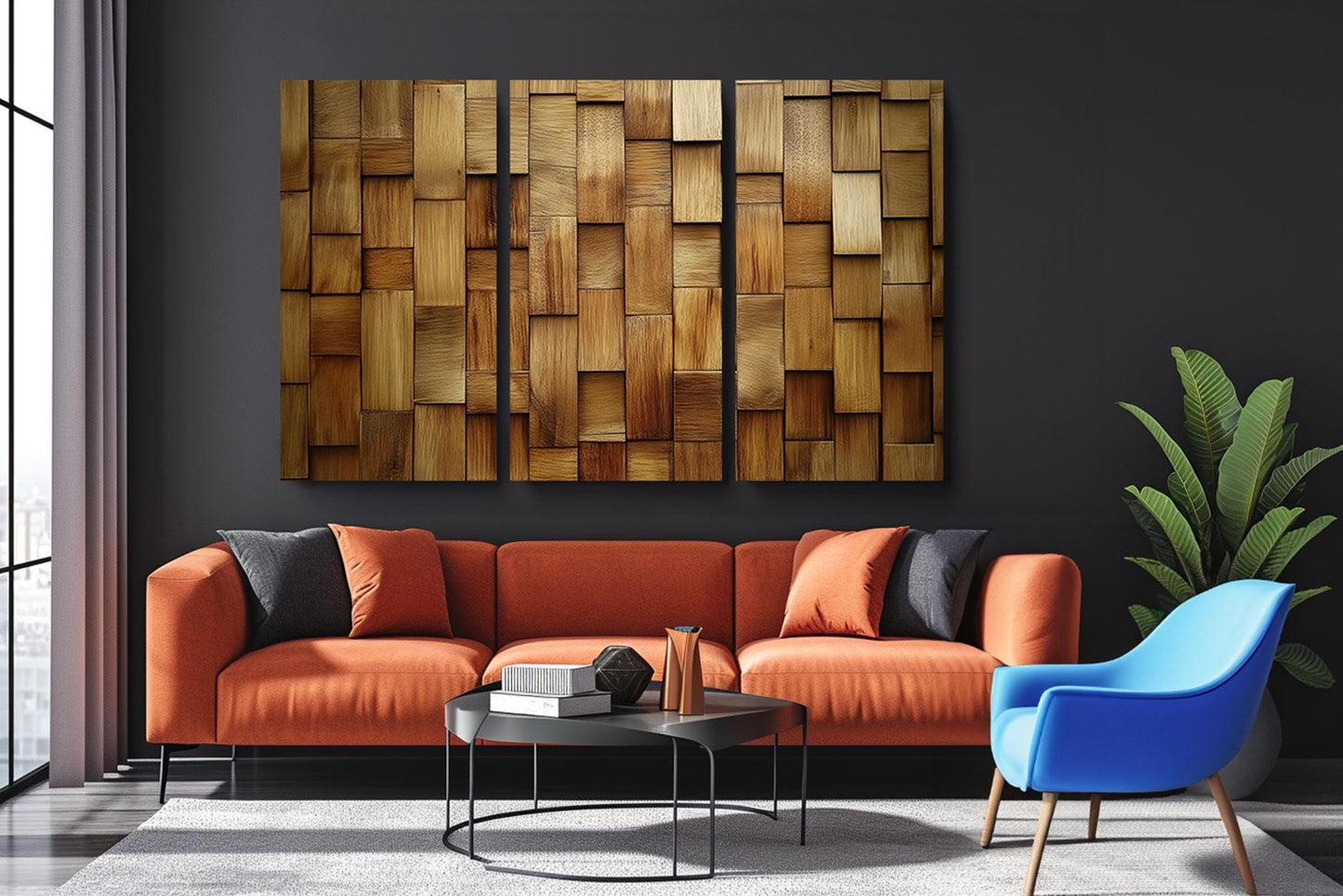 a living room with a couch a chair and a painting on the wall