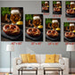 The image is a collage of six photographs depicting pretzels and beer, with each photograph varying in size. The photographs are arranged on a wall, and there is a white couch and a coffee table in the foreground.