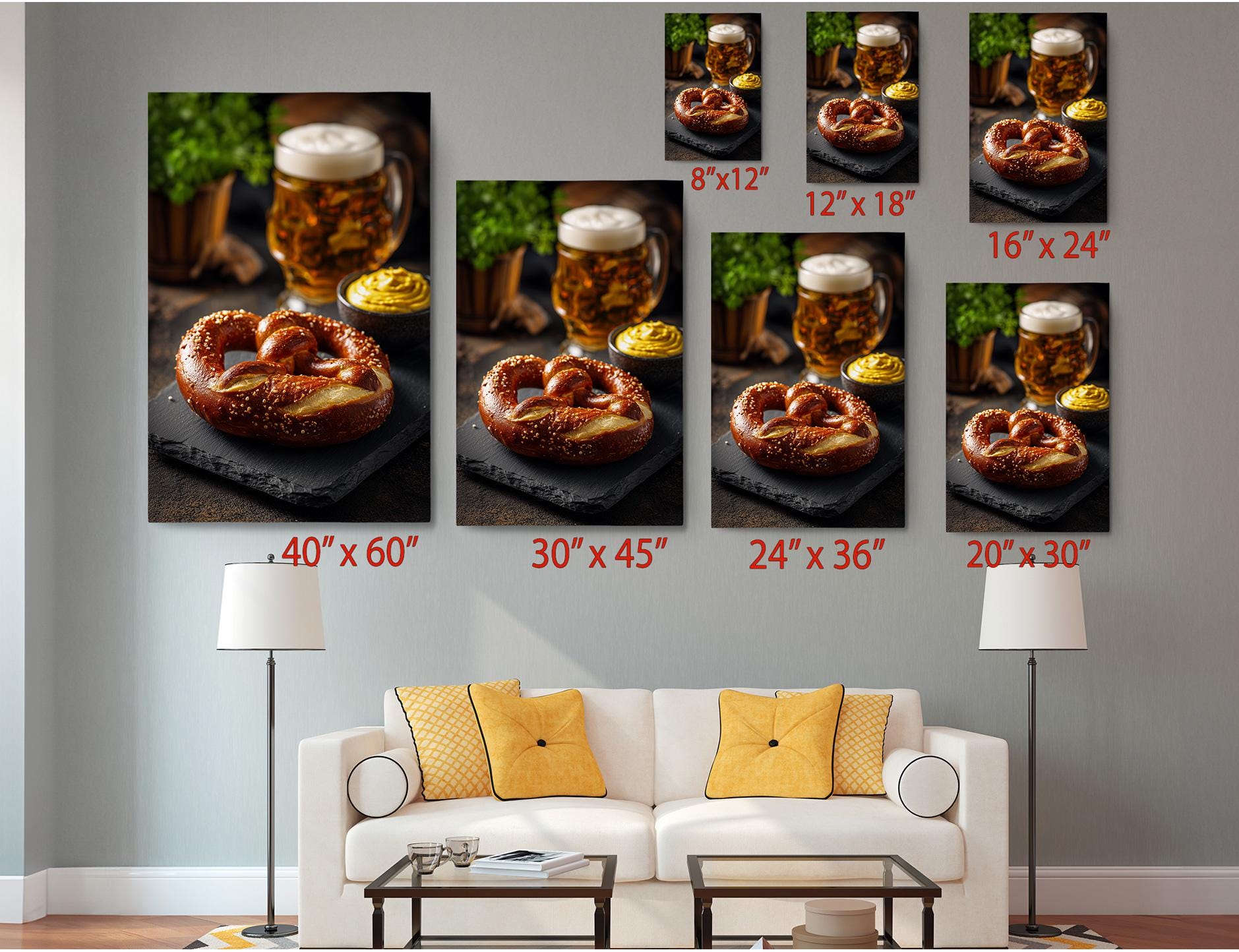 The image is a collage of six photographs depicting pretzels and beer, with each photograph varying in size. The photographs are arranged on a wall, and there is a white couch and a coffee table in the foreground.