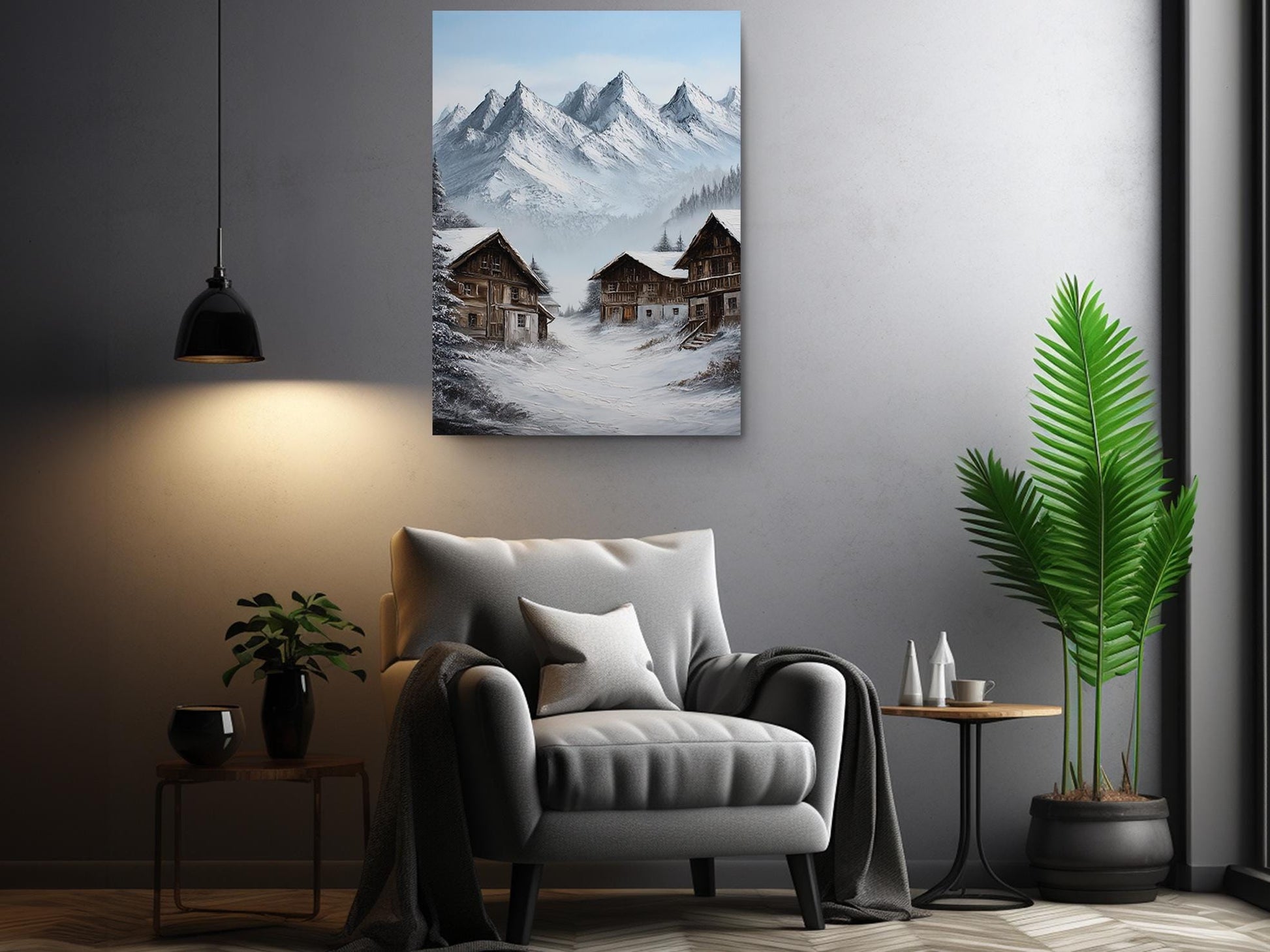 a cozy living room with a comfortable gray armchair, a wooden side table, and a potted plant. Above the armchair, there is a large painting of a snowy mountain village with wooden houses and a ski slope.