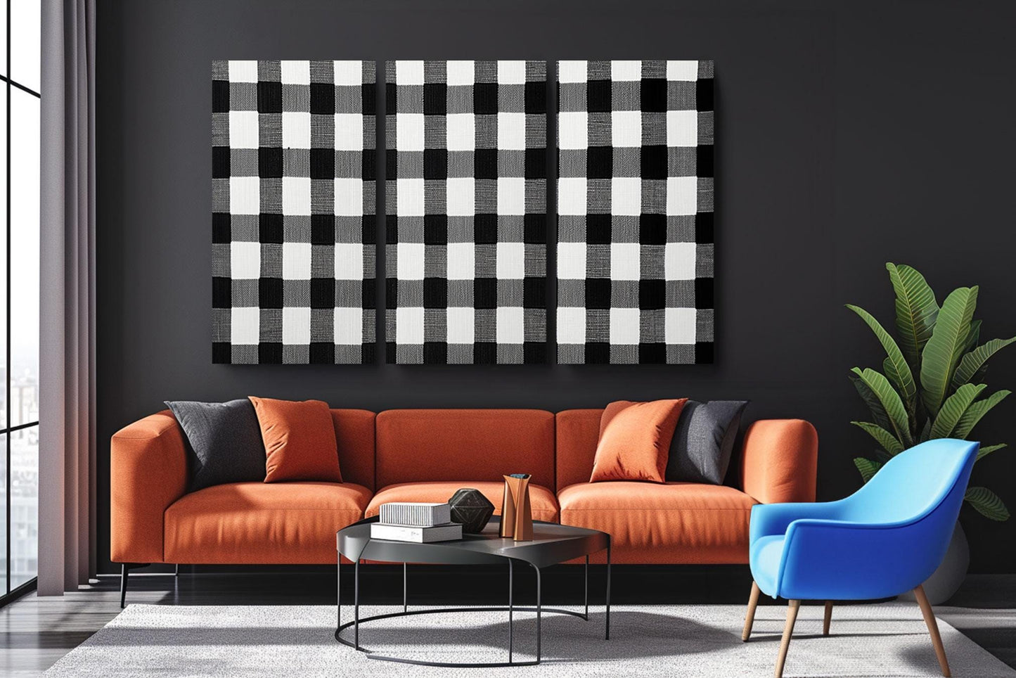 a living room with a couch, chair and a painting on the wall