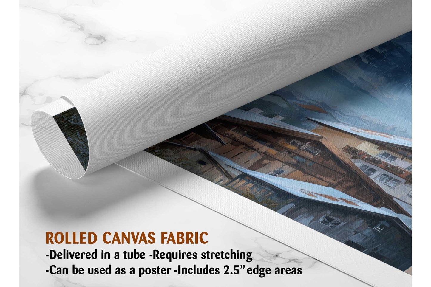 The image is a rolled canvas fabric, which is a type of canvas material used for painting or printing. It is described as a tube-delivered canvas fabric, which means it is delivered in a tube and requires stretching before use. The fabric can be used as a poster with a 2.5&quot; edge area.